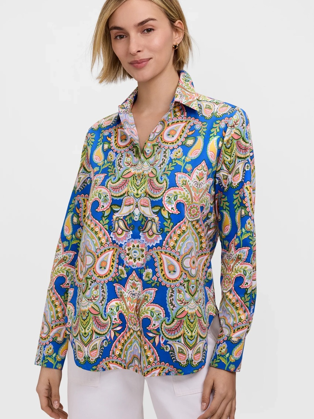 Foxcroft Garden Paisley Button Down Long Shirt Blue w/ Pink & Green Accents S